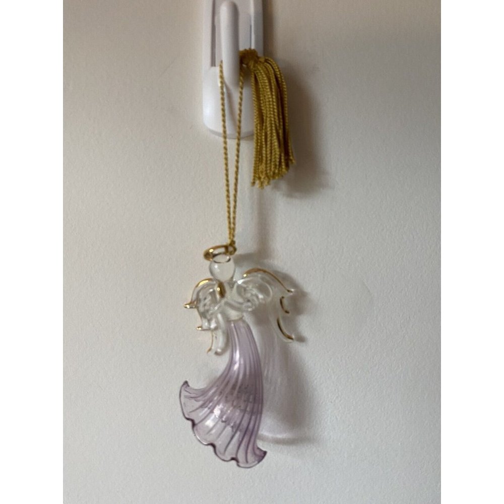 Lenox purple blown‎ glass praying angel ornament Christmas gold ribbon wings 3"